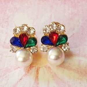 Red blue and green Crystal and pearl earrings